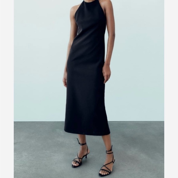 Zara Woman Rhinestone Shiny Back Cord Details Black Halter Dress Size M - Picture 3 of 15